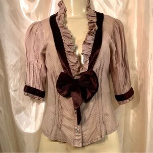 Chloe Lagerfeld 90s velvet ribbon silk blouse nude red burgundy ruffle dot small